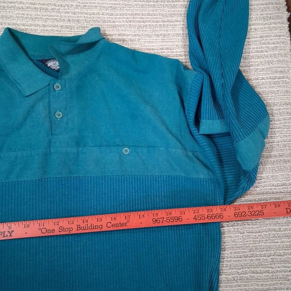 Vintage Knightsbridge Men XL Teal Ribbed Long Sleeve Polo Shirt Sweater 80s 90s